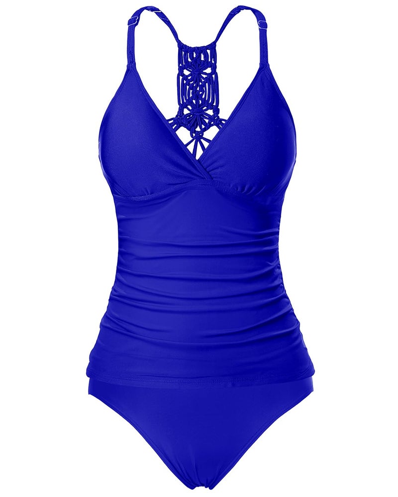 Holipick Women Royal Blue Tummy Control Two Piece Tankini Set Swimsuit V Neck Tankini Top Bathing Suits with Bikini Bottom L(US 12-14) - Image 1